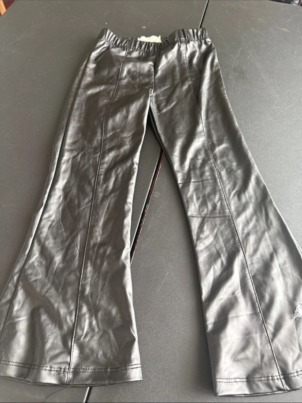 btween White Knit Top with Black Quilted Heart and Black Faux Leather Pants Set